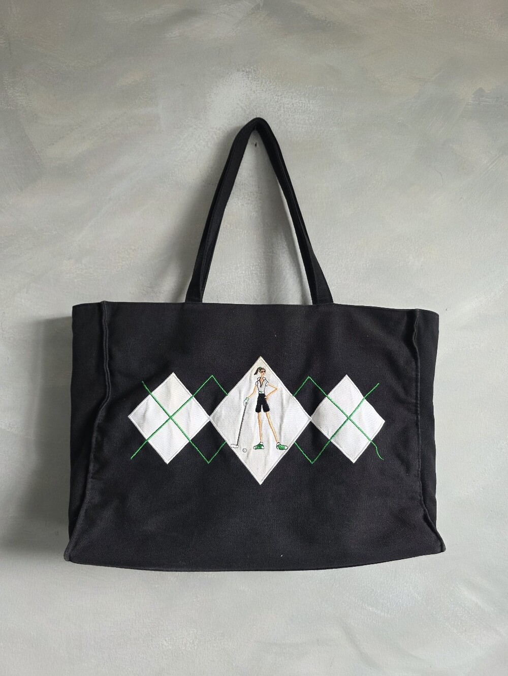 Tony Gears Premium Golf Embroidered Canvas Tote Bag Black & Green 17x11x4.5